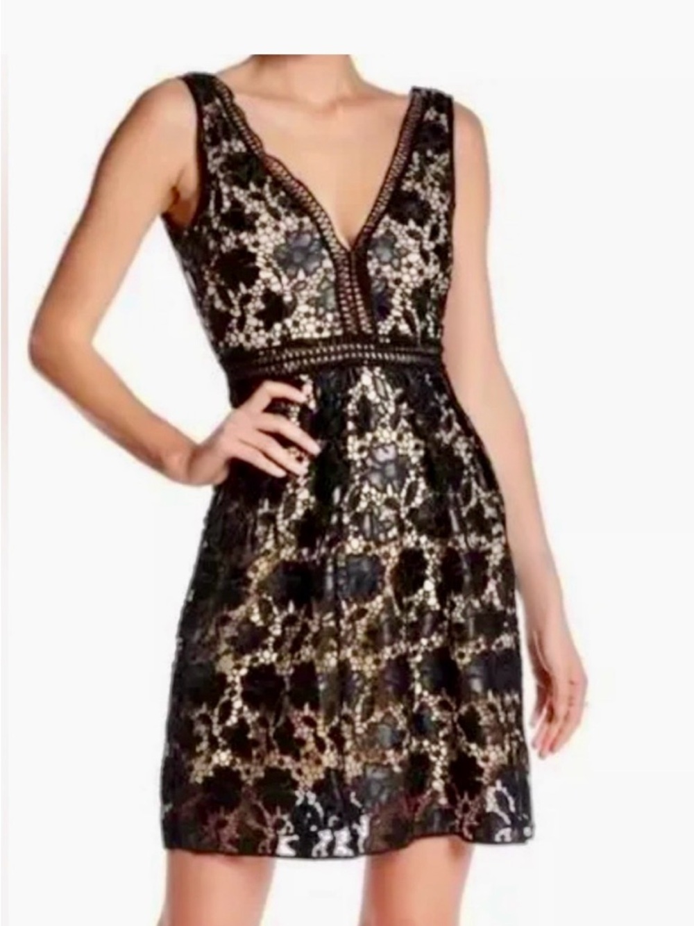 Aqua Black & Cream Lace V-Neck Mini Dress